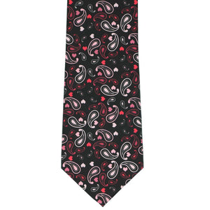 The front of a black flat displayed tie with a heart paisley pattern