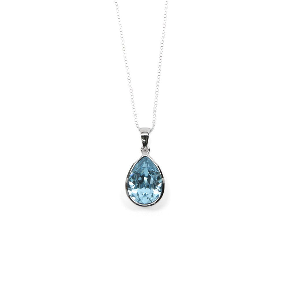 925 Sterling Silver Crystal Pendant Necklace – Pear Blue AB, Austrian Crystals, 45cm
