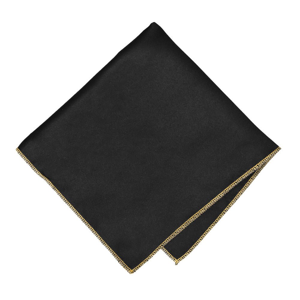 Black pocket square with pale gold stitching along the edges