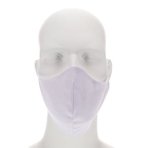 Front view of a pale lavender face mask on mannequin