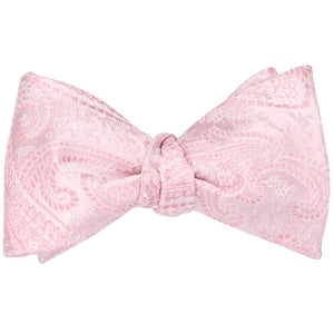 Pale pink paisley self-tie bow tie, tied