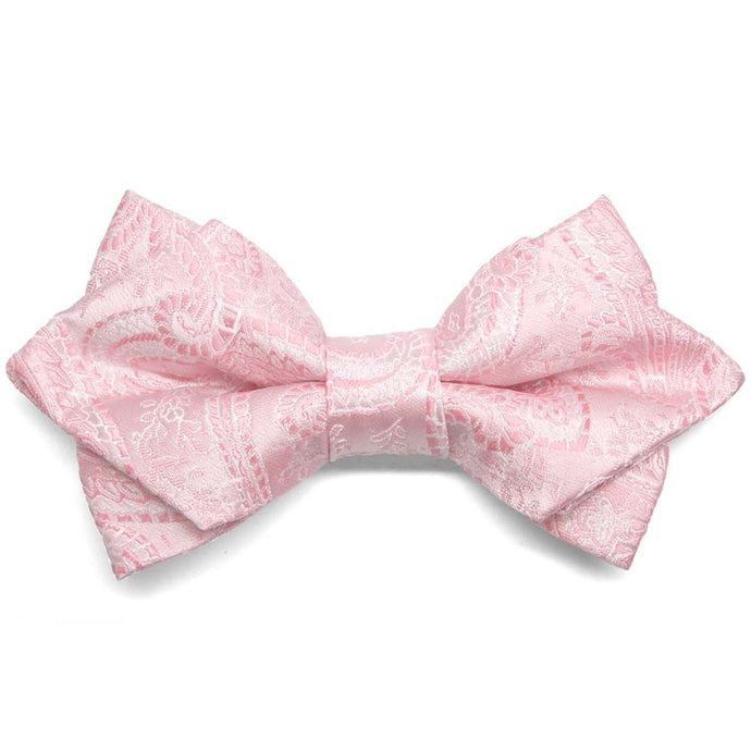 Light pink paisley diamond tip bow tie, close up front view