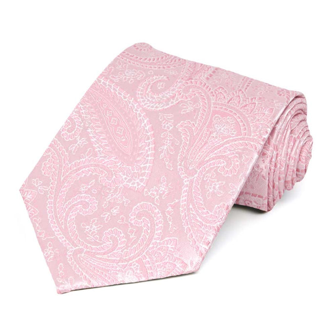 Light pink paisley necktie, rolled to show pattern up close