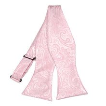 Load image into Gallery viewer, Light pink paisley self-tie bow tie, untied flat front view