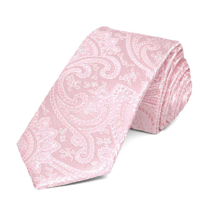 Light pink paisley slim necktie, rolled view