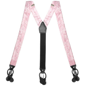 Light pink paisley suspenders, flat front view to show clips and straps