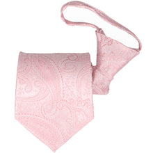 Load image into Gallery viewer, Light pink paisley zipper tie, folded to show the front and knot