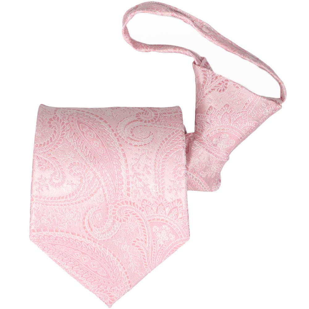 Light pink paisley zipper tie, folded to show the front and knot