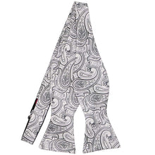 Load image into Gallery viewer, An untied silver and gray very detailed paisley self-tie bow tie