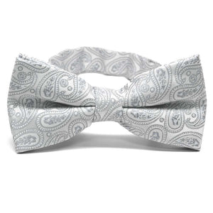 Pale silver paisley bow tie, front view