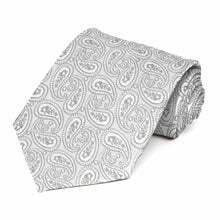 Load image into Gallery viewer, Pale silver paisley extra long necktie, rolled view to show pattern up close