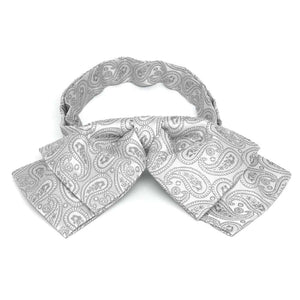Pale silver paisley floppy bow tie, front view