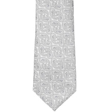 Load image into Gallery viewer, Flat front view of a pale silver paisley necktie
