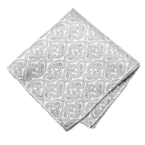 Pale silver paisley pocket square, flat front view