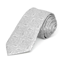 Load image into Gallery viewer, Pale silver paisley slim necktie, rolled view
