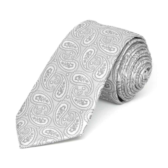 Pale silver paisley slim necktie, rolled view