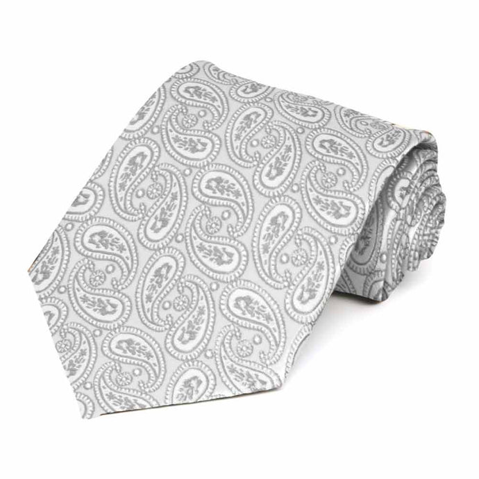 Rolled view of a pale silver paisley necktie