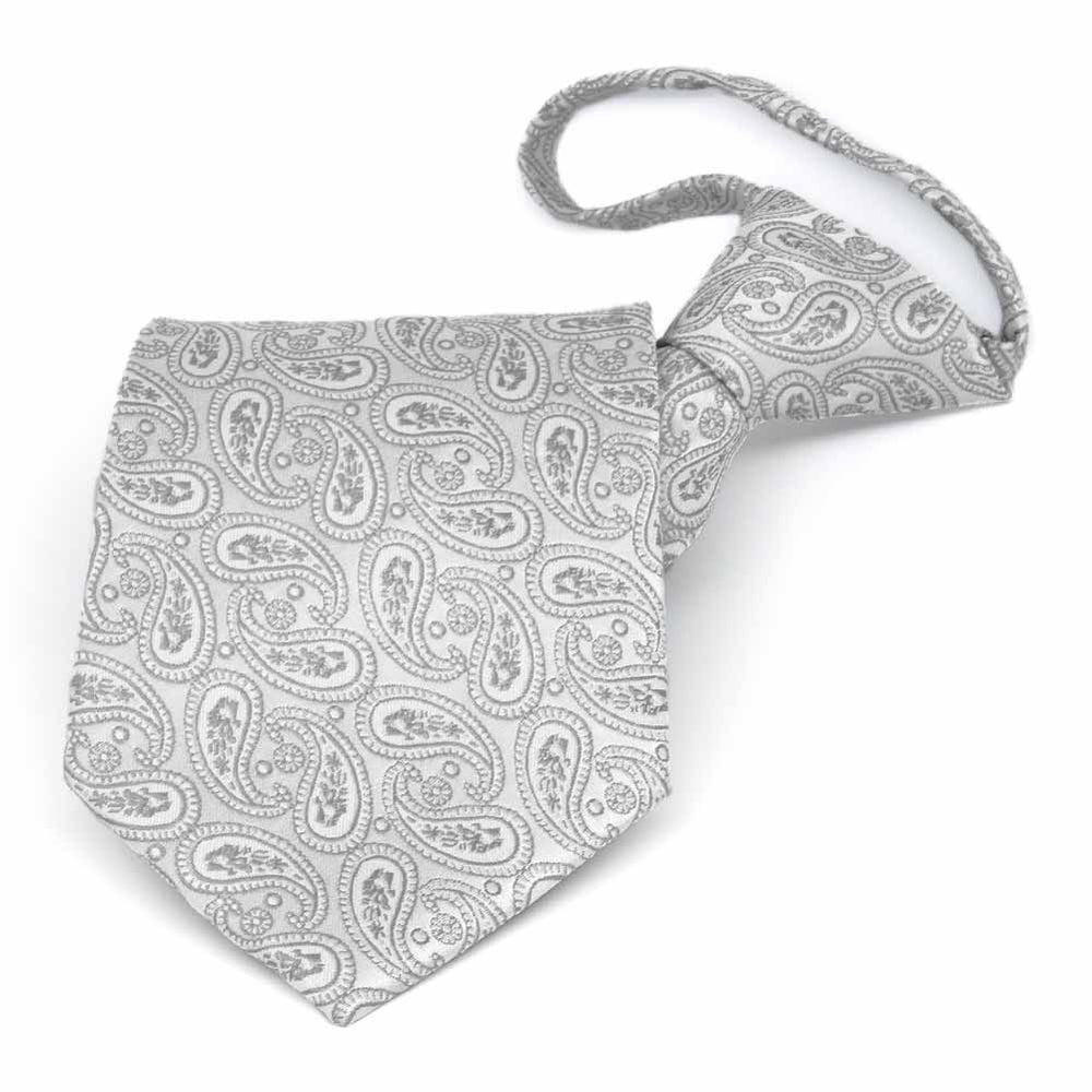Pale silver paisley zipper tie, folded front view