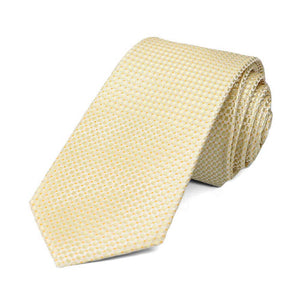 A rolled pale yellow slim silk tie with a subtle square texture
