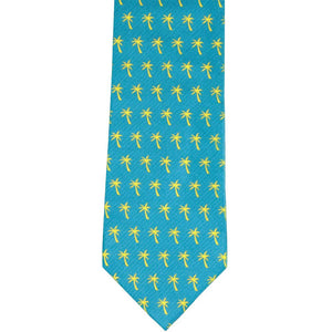 Front view of a palm tree tie in teal and yellow