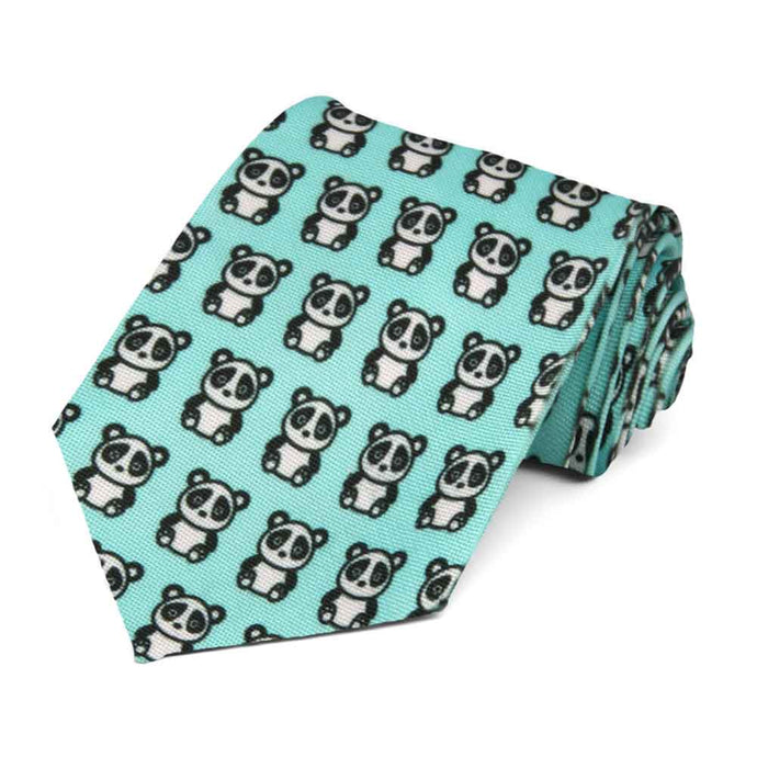 Cute panda bears printed on a light aqua men's novelty tie