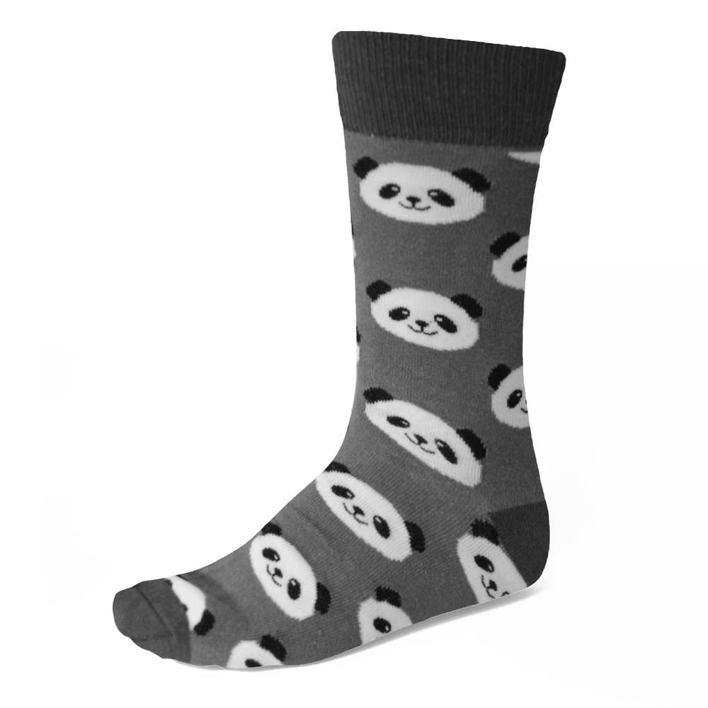 Men's panda theme dress socks on gray background
