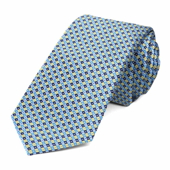 Blue and yellow checkered slim tie