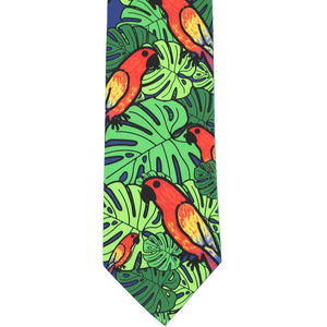 Front flat view of a fun parrot themed novelty tie