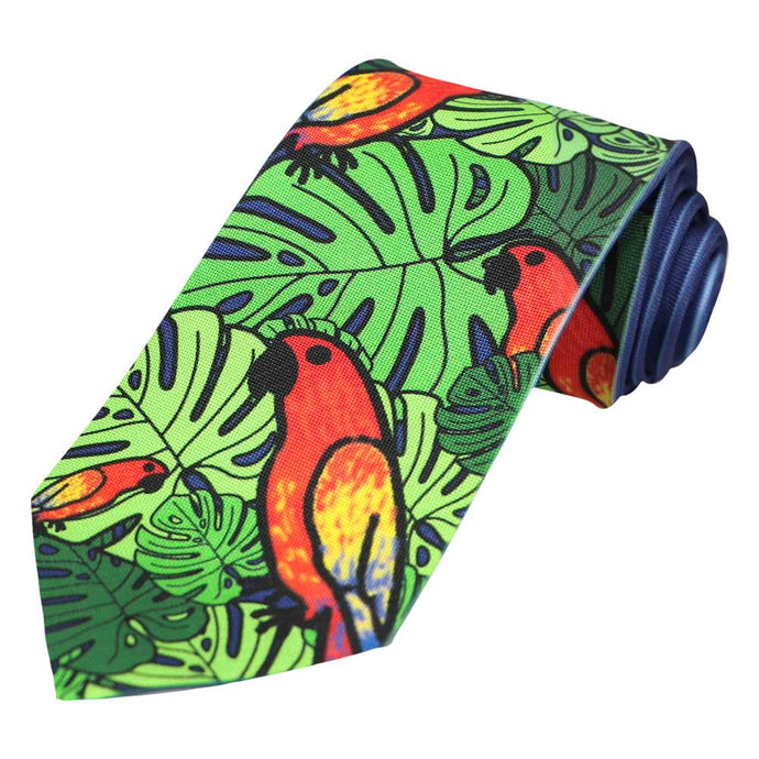 Blue necktie with a parrot and green palm leaf pattern