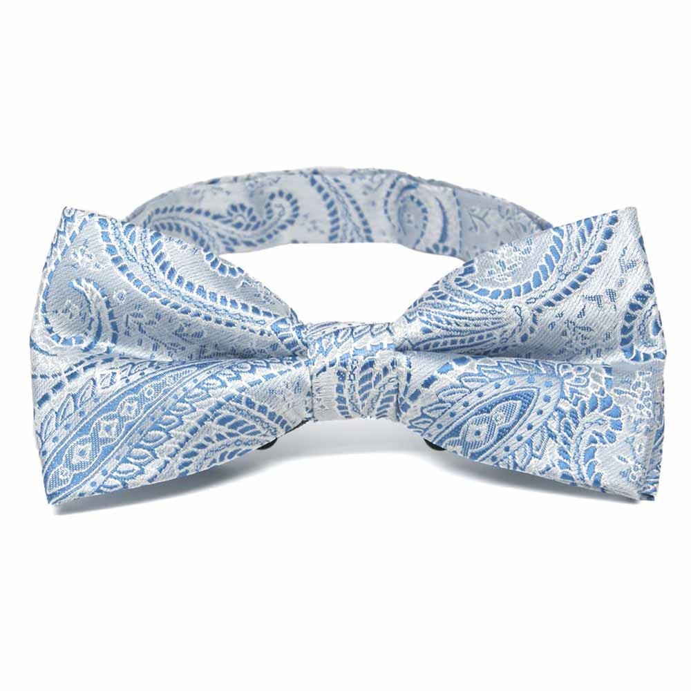 Light blue paisley bow tie, close up front view to show pattern