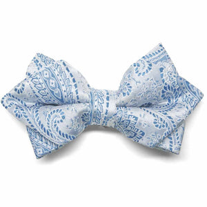 Light blue paisley diamond tip bow tie, close up front view