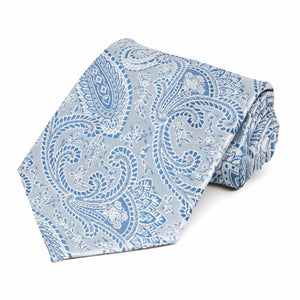 Rolled view of a light blue paisley necktie