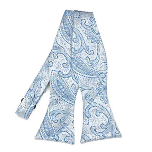 Light blue paisley self-tie bow tie, untied front view
