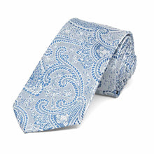 Load image into Gallery viewer, Light blue paisley slim necktie, rolled view