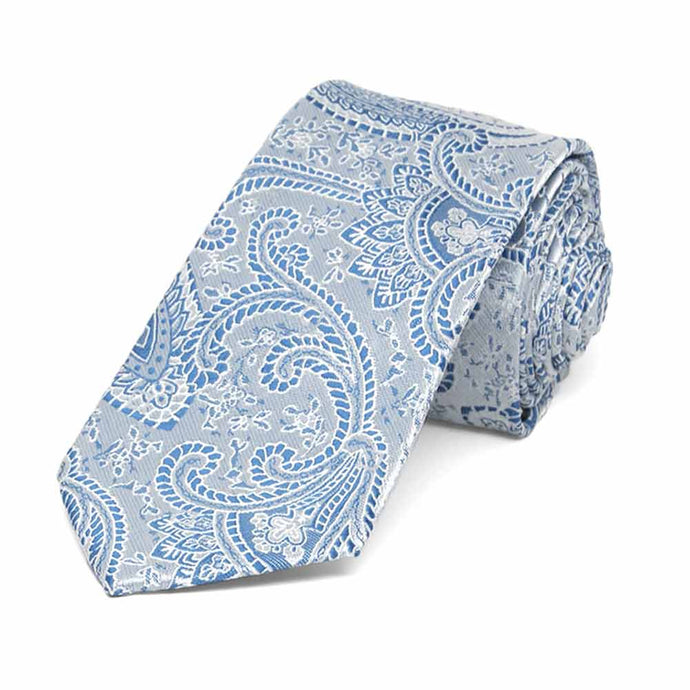 Light blue paisley slim necktie, rolled view