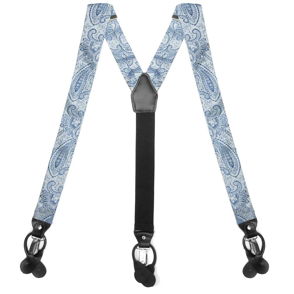 Light blue paisley suspenders, front view to show clips and straps