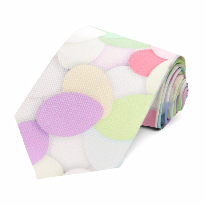 A rolled novelty tie with a large pastel egg pattern