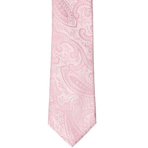 Front tip view of a pale pink paisley tie