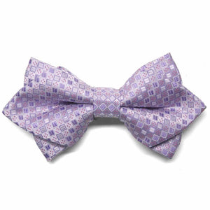 Light purple square pattern diamond tip bow tie, close up front view