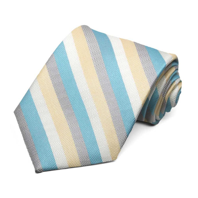 Turquoise, light yellow, white and gray striped necktie, rolled to show woven texture