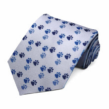Load image into Gallery viewer, Cat or dog paw prints on a men&#39;s blue necktie