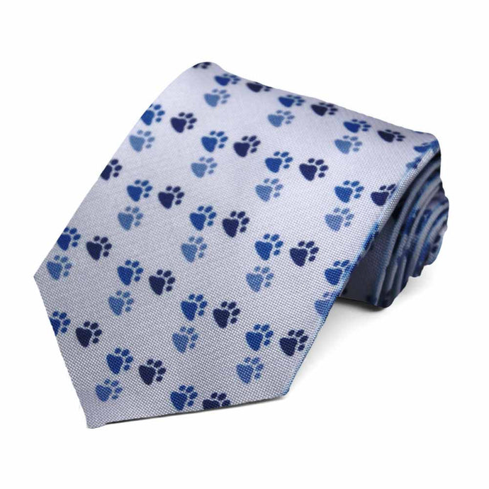Cat or dog paw prints on a men's blue necktie