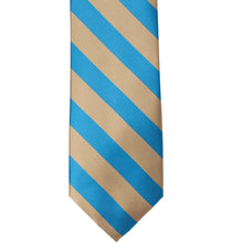 Load image into Gallery viewer, The front of a peacock blue and tan striped tie, laid out flat