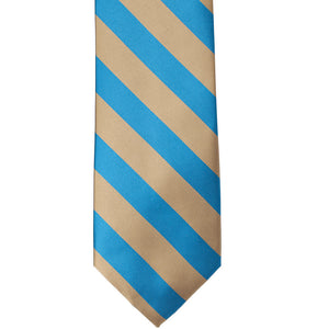 The front of a peacock blue and tan striped tie, laid out flat