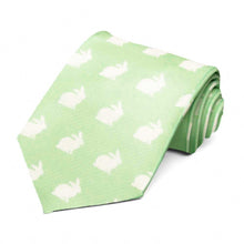 Load image into Gallery viewer, A rolled pear green tie with a white bunny pattern