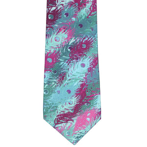 Necktie with jewel-tone peacock feathers