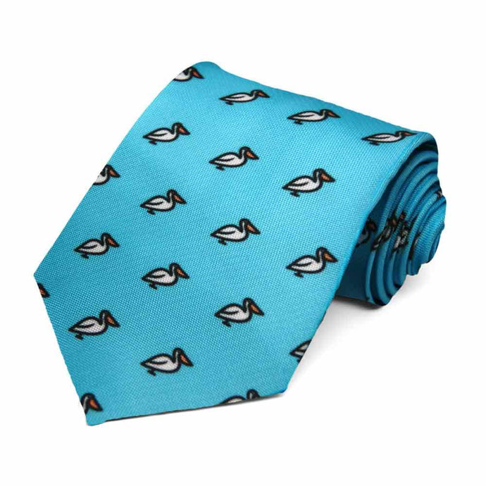 Small pelicans on a bright blue tie.
