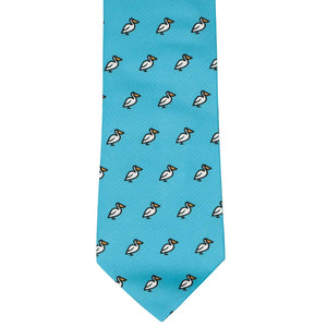 Front view pelican themed novelty tie in bright blue