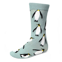 Load image into Gallery viewer, A single crew sock in gray with a penguin design