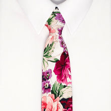 Load image into Gallery viewer, A vibrant peony floral tie on a white dress shirt